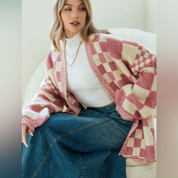 NWT - Chekckerd Block Open Knit Cardigan - Picture 2 of 4